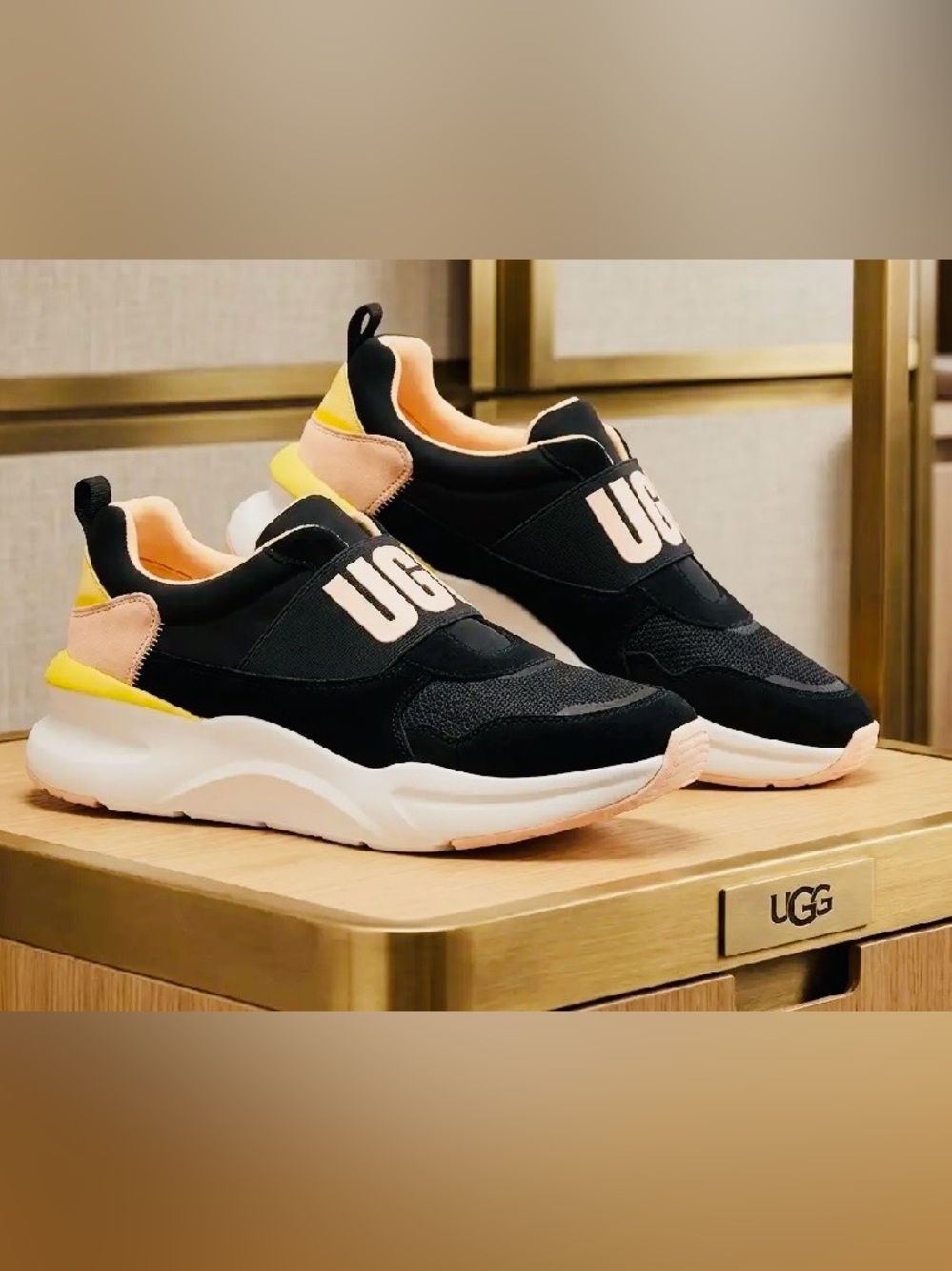 UGG Black Sneakers with Peach & Yellow Accents. Size 10.